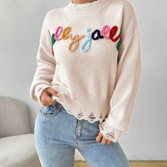 Apricot Casual Women's Round Neck Long Sleeve Letter Patchwork Knit Sweater - Picture 8 of 8